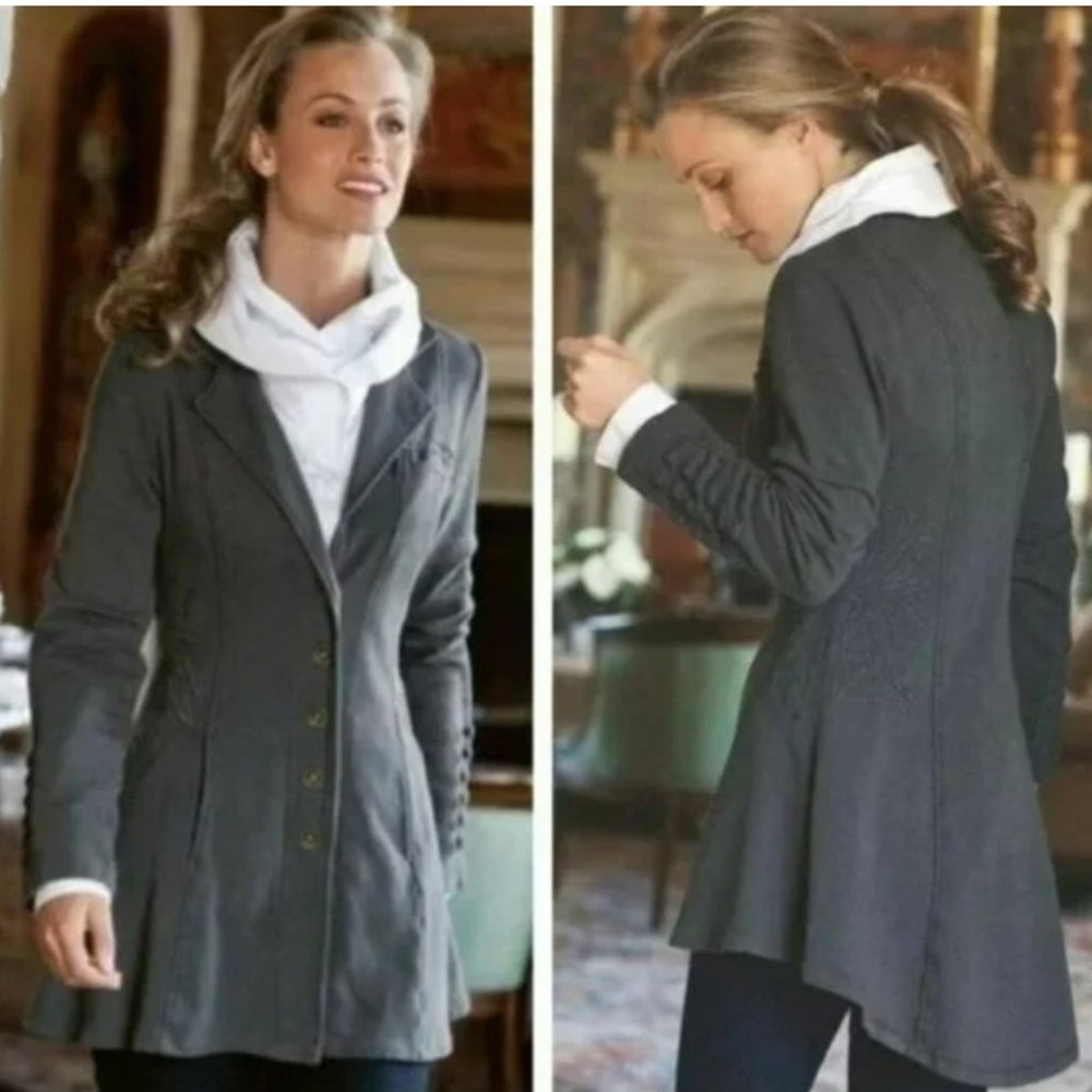 Soft Surroundings Tallulah Floral Embroidered Hi-Low Gray Military Jacket Size M